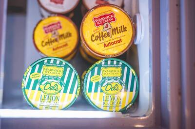 Pints of Warwick Ice Cream, coffee milk and Del's lemon, in the freezer