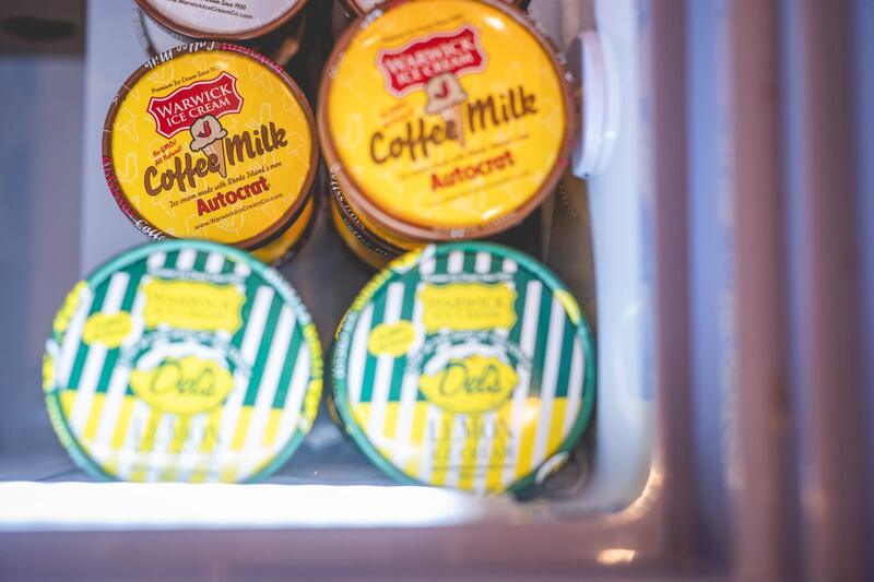 Tubs of Warwick Ice Cream coffee milk and Del's lemon ice cream